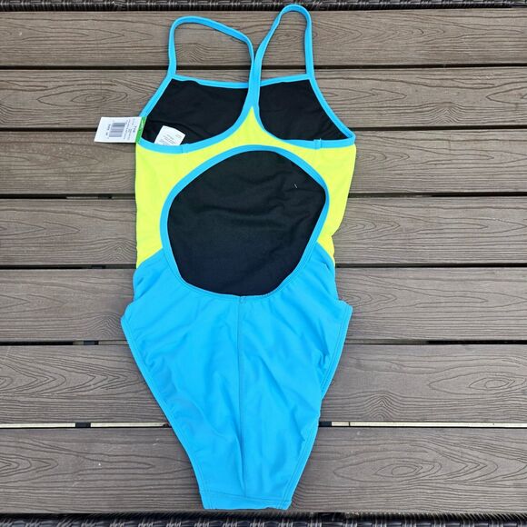 TYR Women's Neon Yellow/blue Splice Diamondfit Swimsuit Grab Bag Suit Sz 34 NEW - Picture 2 of 4